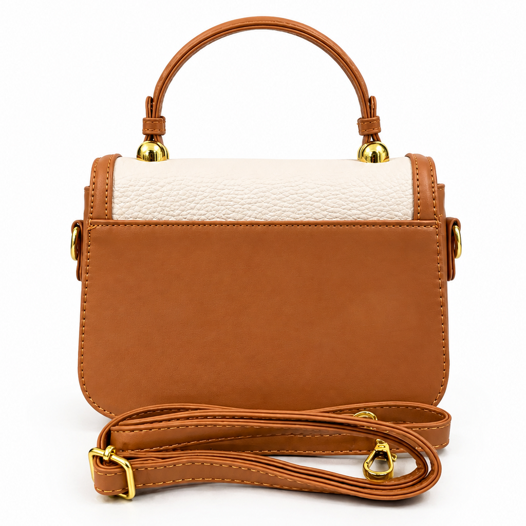 Elegant TanStructured Handbag with Gold Clasp