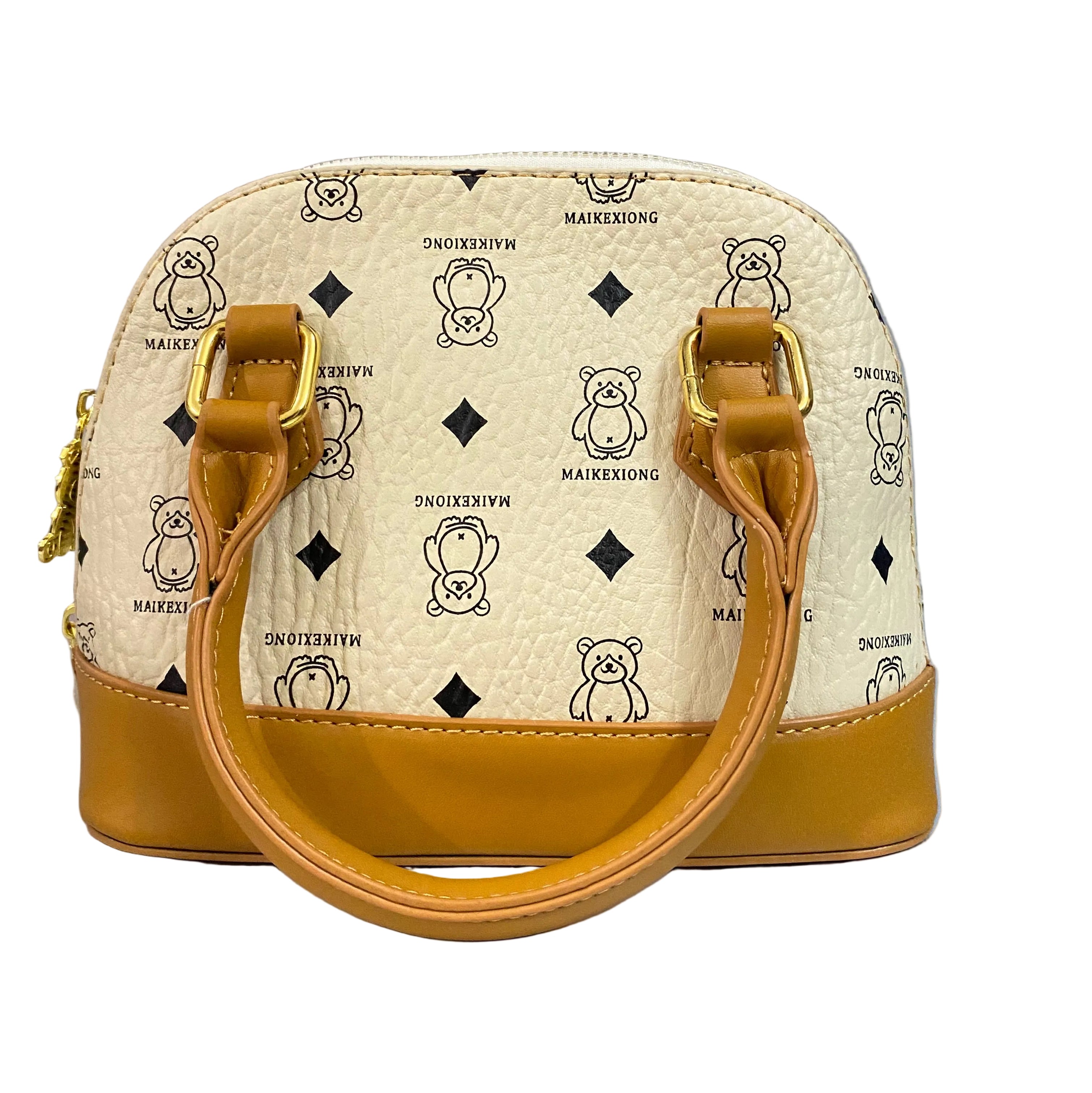 Elegant Cream Teddy Print Tan Handle Handbag