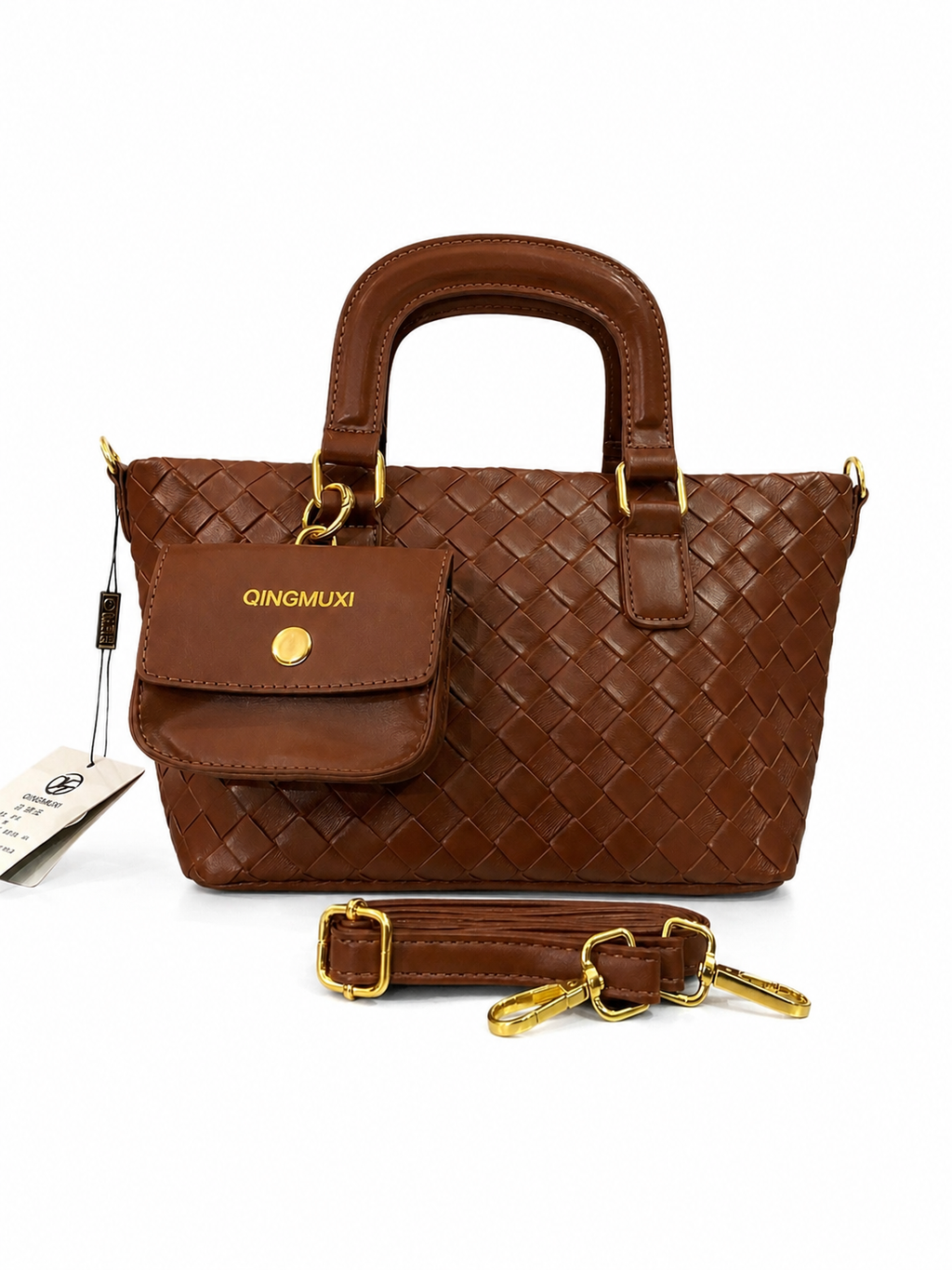 A Premium Woven Leather Tote Bag with Detachable Strap (Brown)