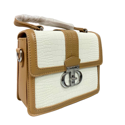 Elegant White Croc-Texture Top Handle Crossbody Bag with Beige Trim & Silver Lock