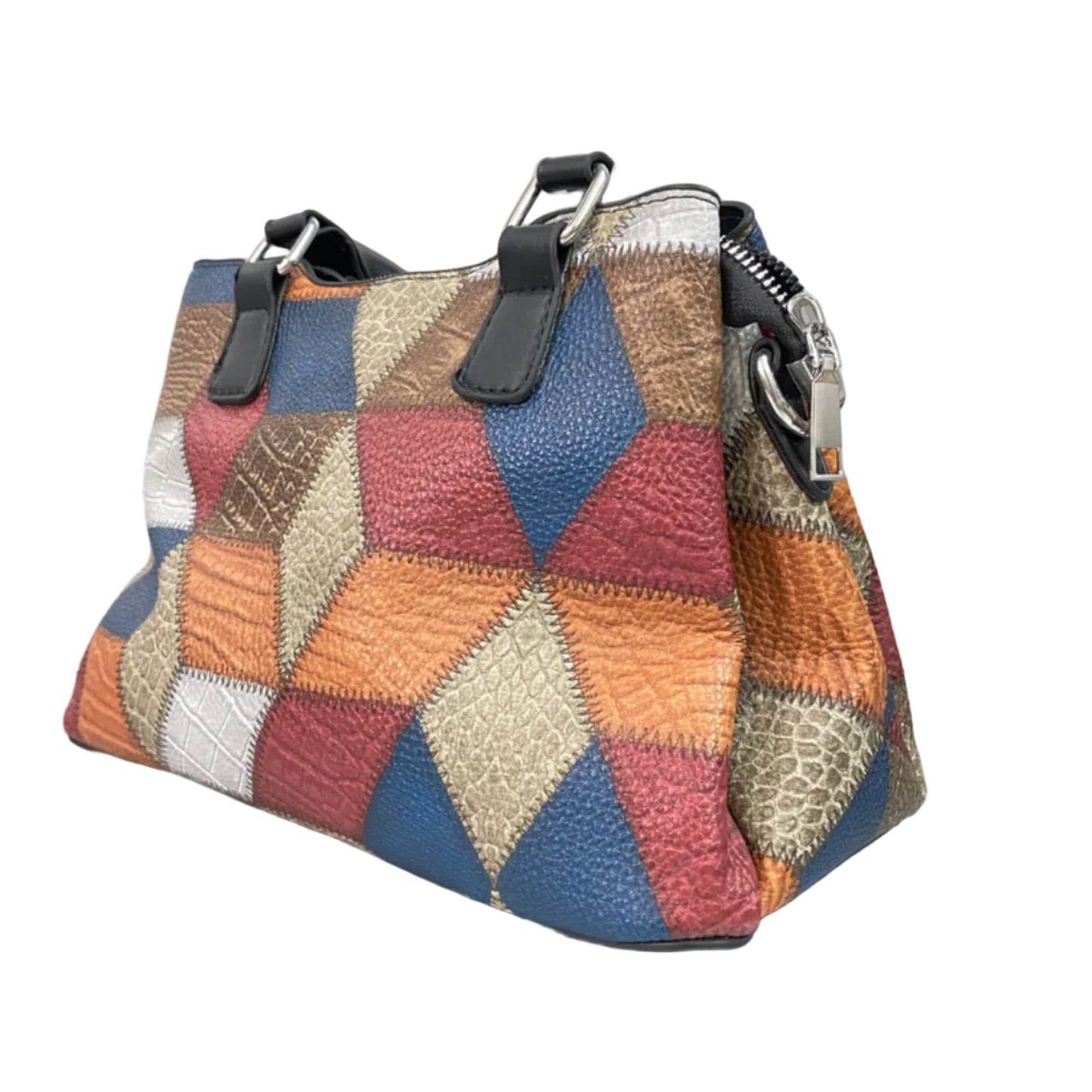 Premium Geometric Patchwork Handbag with Pom Pom Charm – Stylish Women’s Shoulder & Crossbody Bag