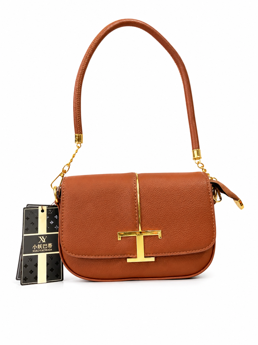 A Mini Saddle Crossbody Bag – Premium Textured Leather with Gold Hardware (Brown)