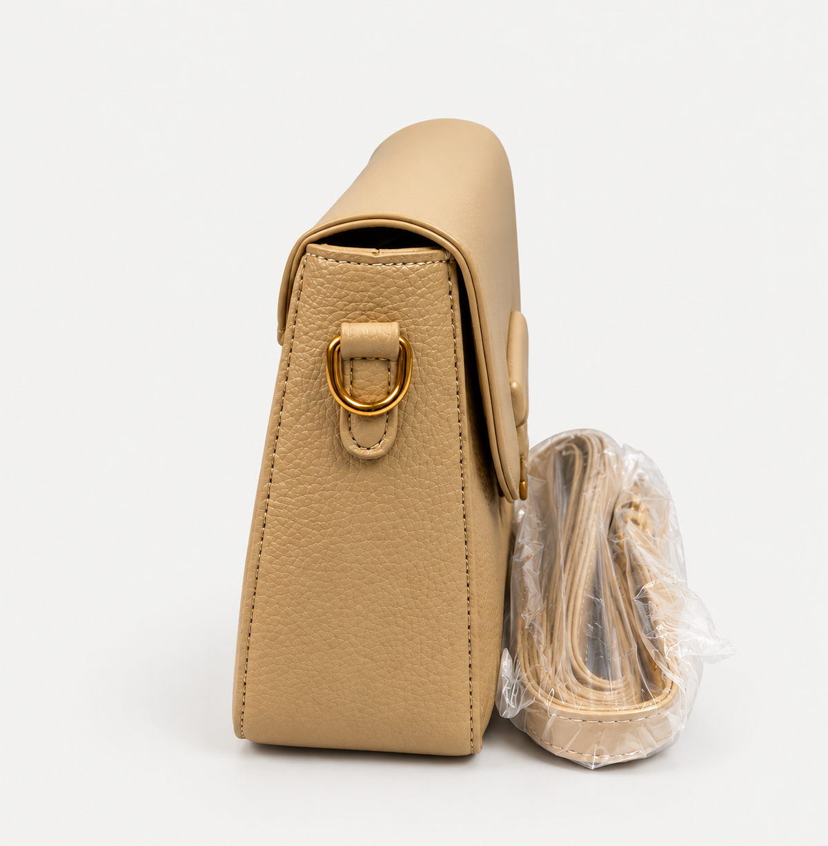 Elegant Beige Crossbody Bag with Gold-Tone Details