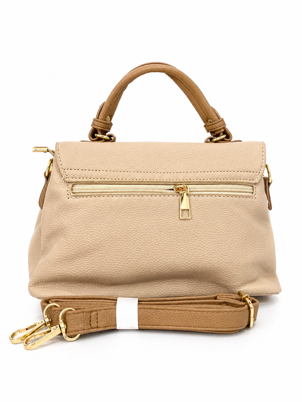 A Elegant Beige Top Handle Satchel Bag with Gold Lock & Detachable Strap