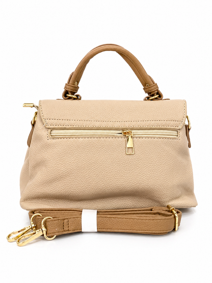 A Elegant Beige Top Handle Satchel Bag with Gold Lock & Detachable Strap