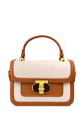 A Luxury Brown & Cream Handbag – Premium Textured Leather Crossbody Bag with Gold Lock