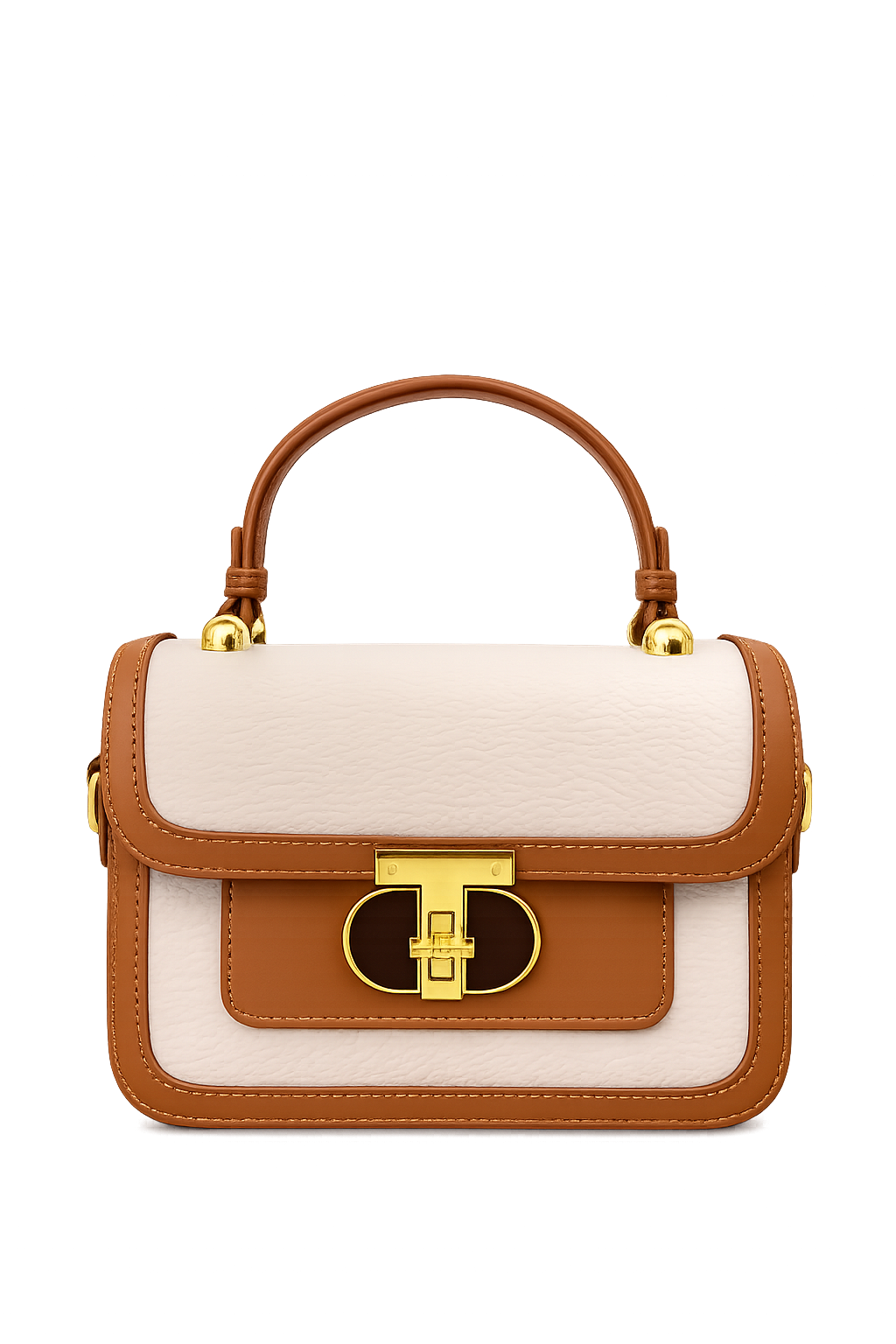 A Luxury Brown & Cream Handbag – Premium Textured Leather Crossbody Bag with Gold Lock
