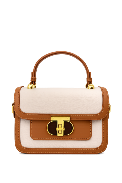 A Luxury Brown & Cream Handbag – Premium Textured Leather Crossbody Bag with Gold Lock
