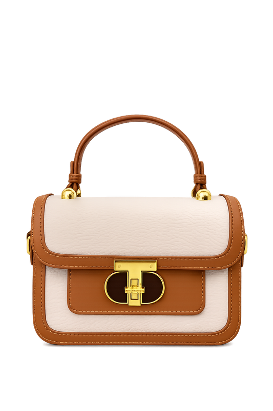 A Luxury Brown & Cream Handbag – Premium Textured Leather Crossbody Bag with Gold Lock