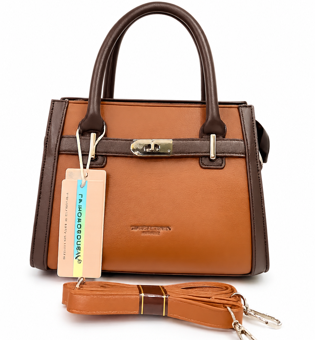 A Elegant Two-Tone Leather Handbag with Detachable Strap