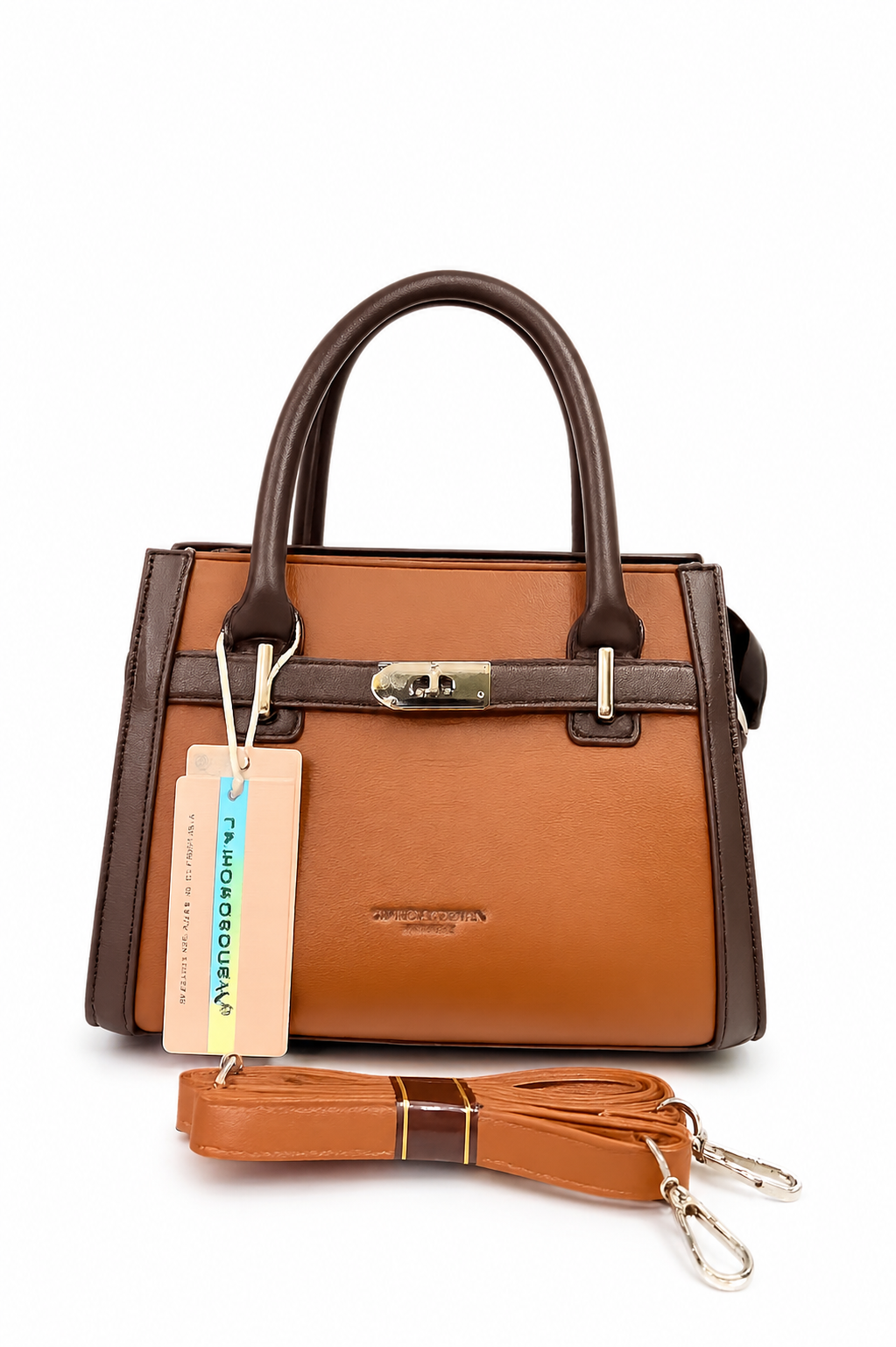 A Elegant Two-Tone Leather Handbag with Detachable Strap