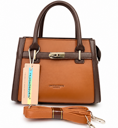 A Elegant Two-Tone Leather Handbag with Detachable Strap