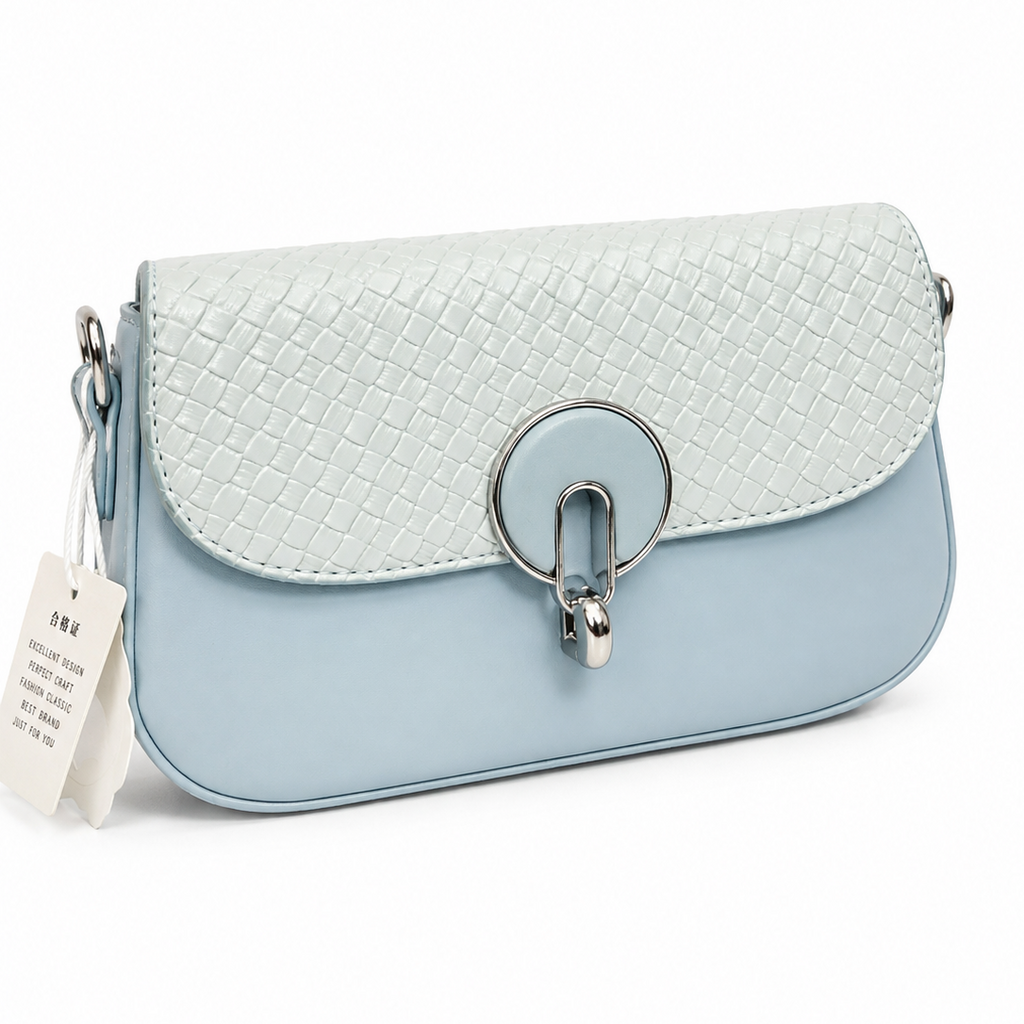 Elegant Baby Blue Woven Flap Crossbody Bag