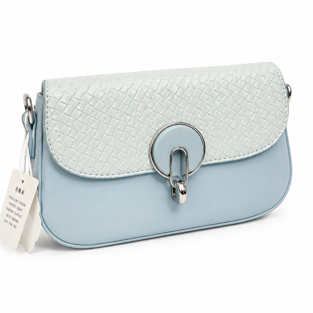 Elegant Baby Blue Woven Flap Crossbody Bag