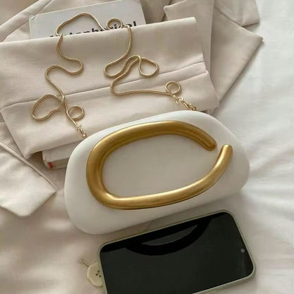 Luxury White Oval Clutch Bag with Gold Handle – Premium Women’s Evening & Party Handbag