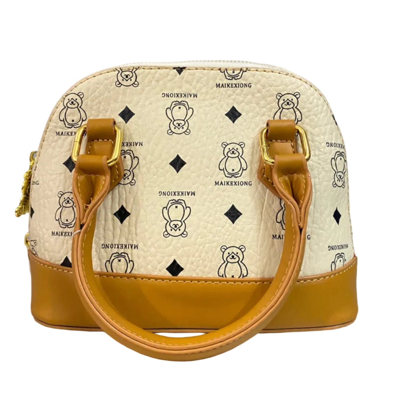 Cute Bear Print Mini Top Handle Handbag for Women – Premium PU Leather Crossbody Purse (White & Tan)