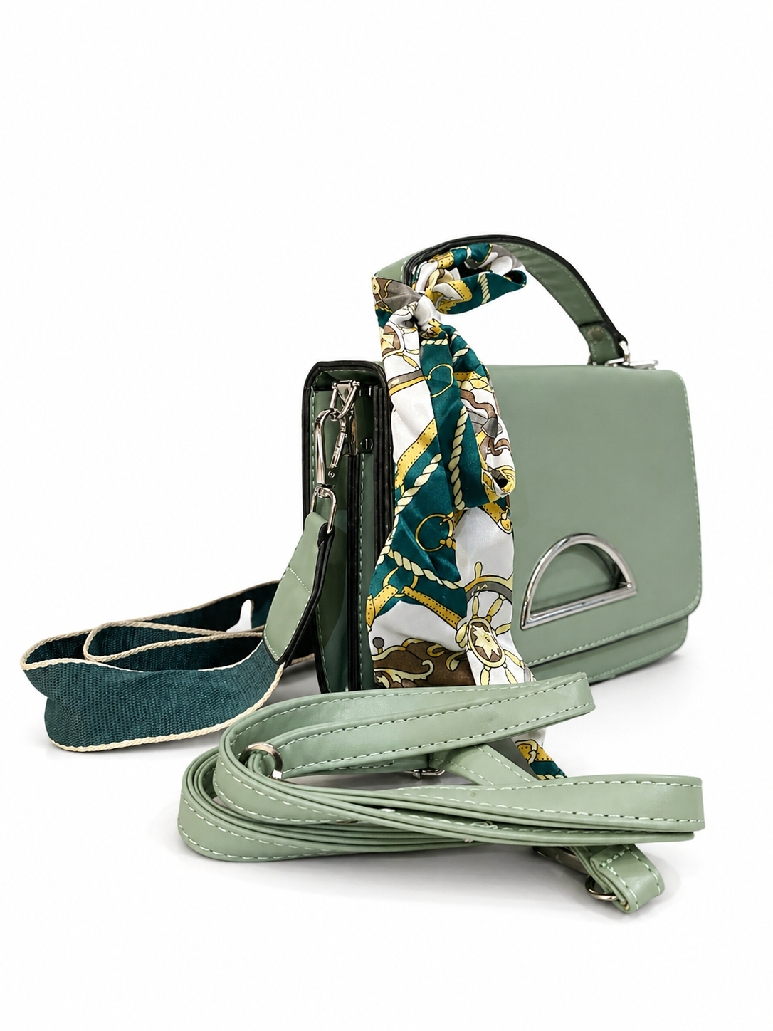 A Elegant Sage Green Mini Handbag with Silk Scarf & Dual Straps