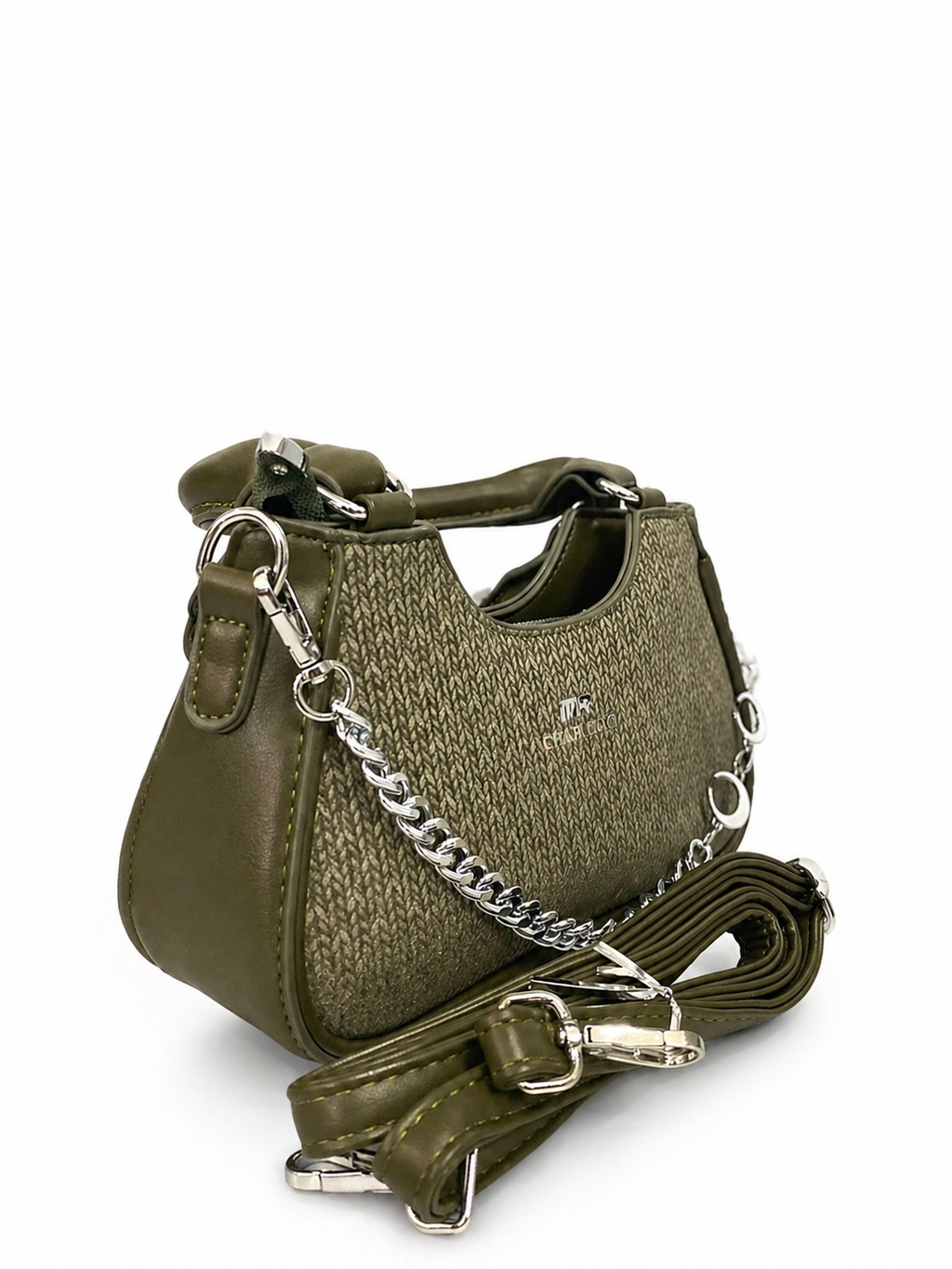 A Elegant Olive Green Textured Mini Handbag with Chain Detail