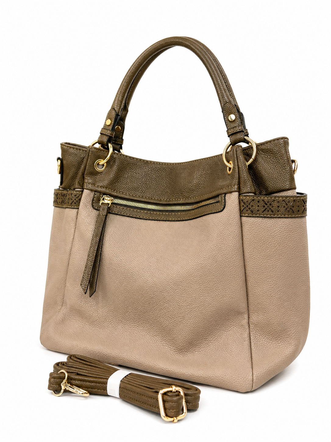 Chic Two-Tone Beige & Olive Leather Tote Bag with Detachable Strap