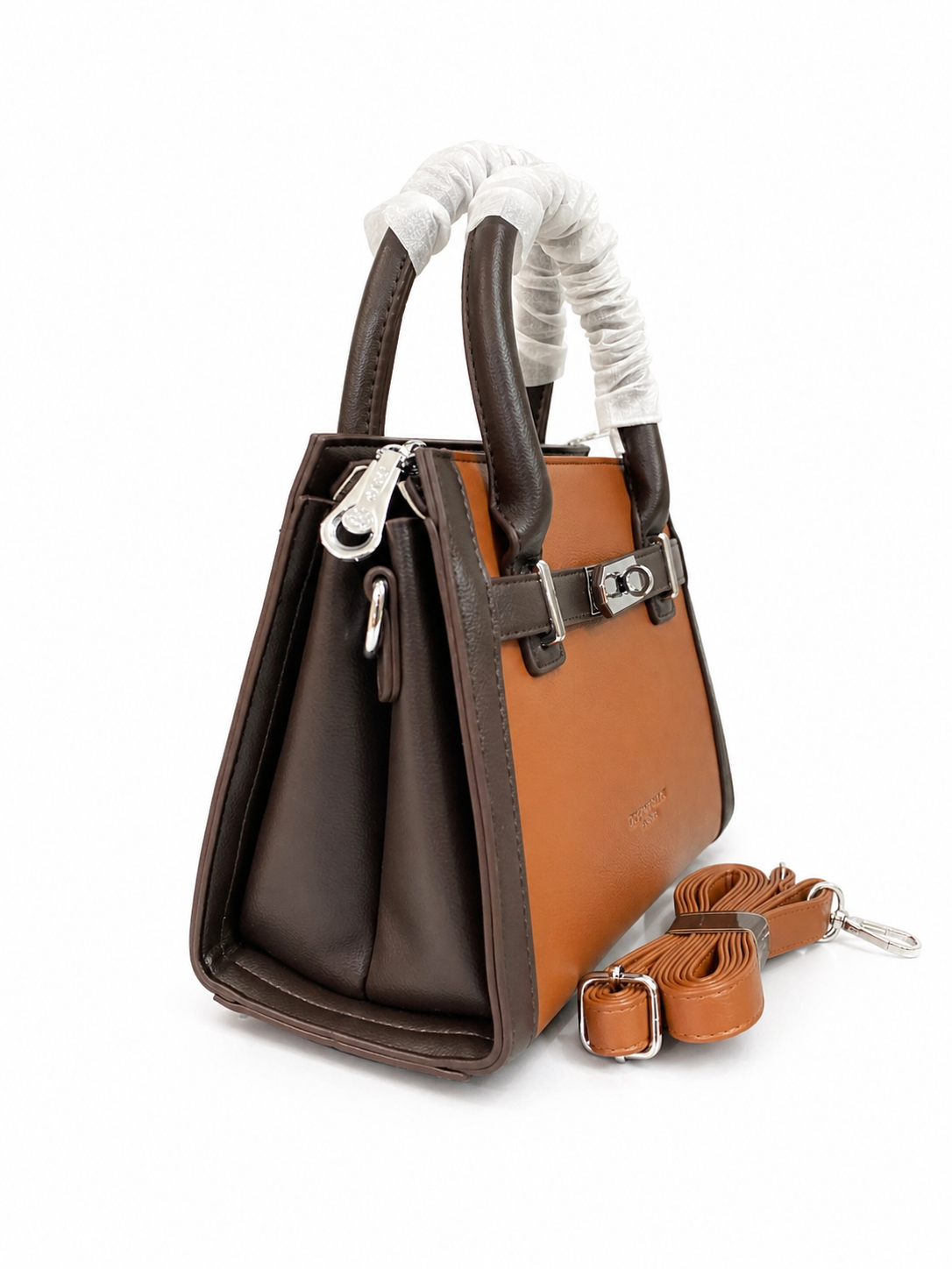 A Elegant Two-Tone Leather Handbag with Detachable Strap