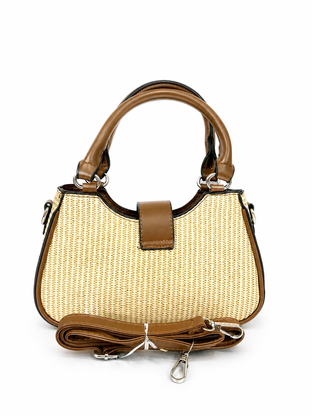 A Chic Woven Straw Handbag with Leather Trim & Statement Buckle
