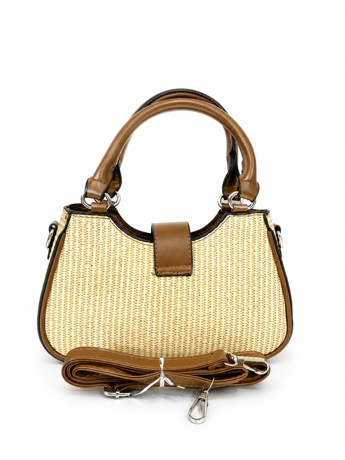 A Chic Woven Straw Handbag with Leather Trim & Statement Buckle