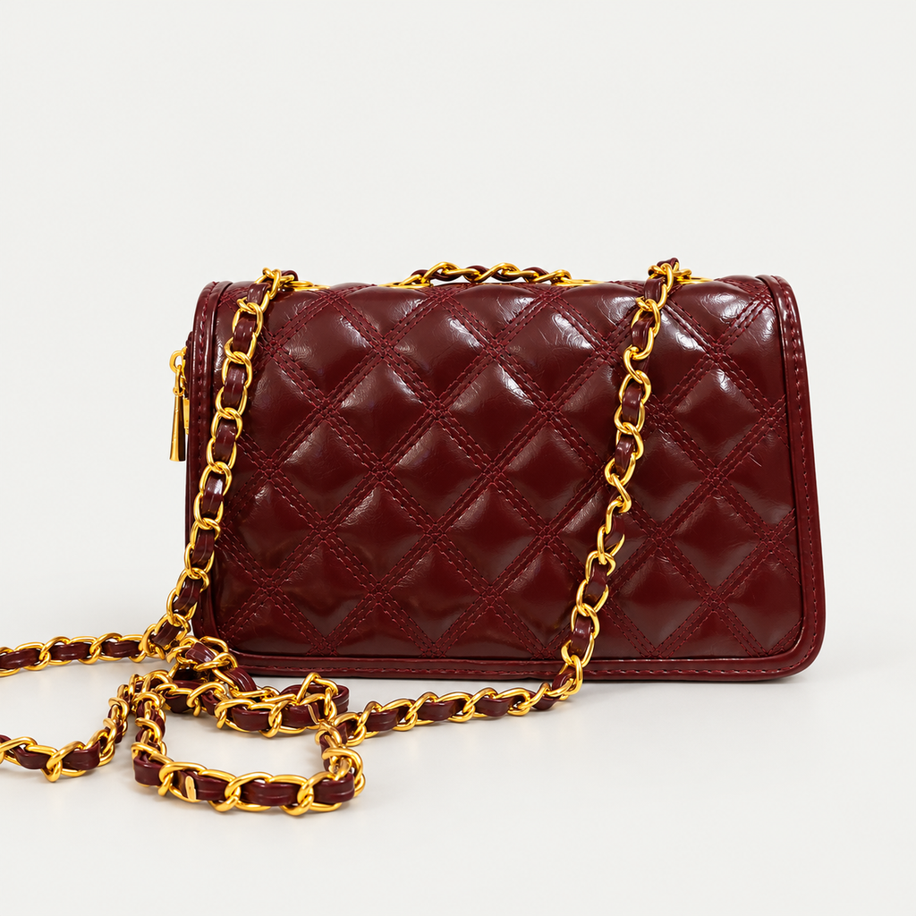 Burgundy Quilted Chain Shoulder Bag – Gold Hardware