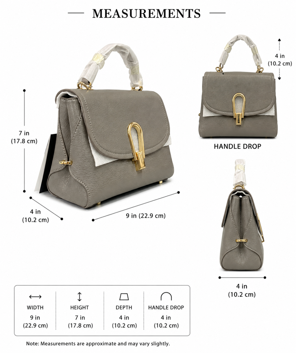 Elegant Grey Top-Handle Designer Handbag with Gold Accent Lock