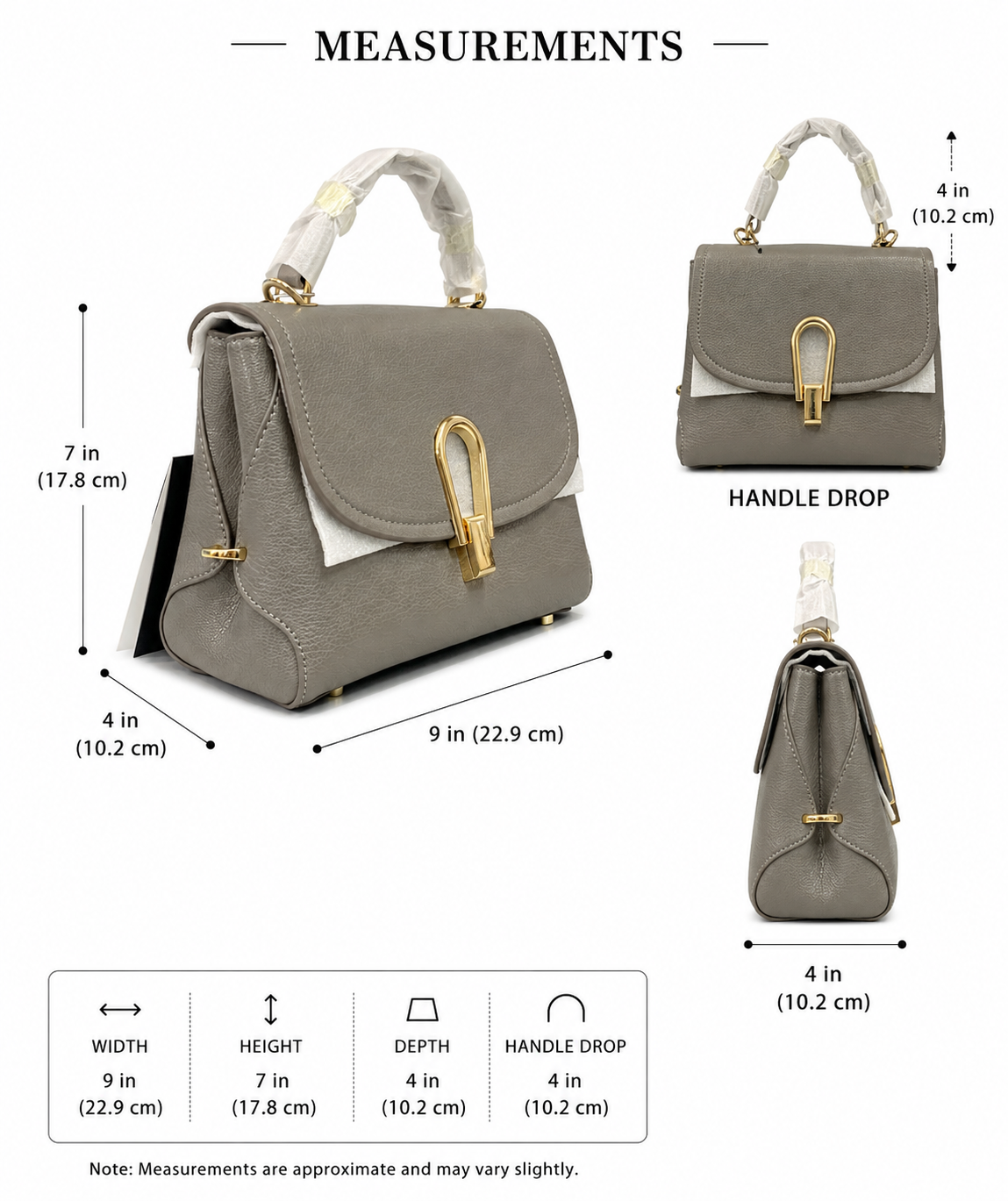 Elegant Grey Top-Handle Designer Handbag with Gold Accent Lock