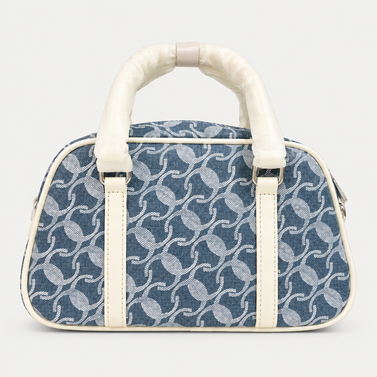 Elegant Blue Jacquard Handbag with Cream Details