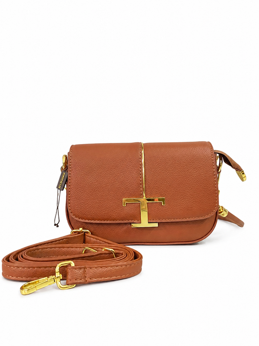 A Mini Saddle Crossbody Bag – Premium Textured Leather with Gold Hardware (Brown)