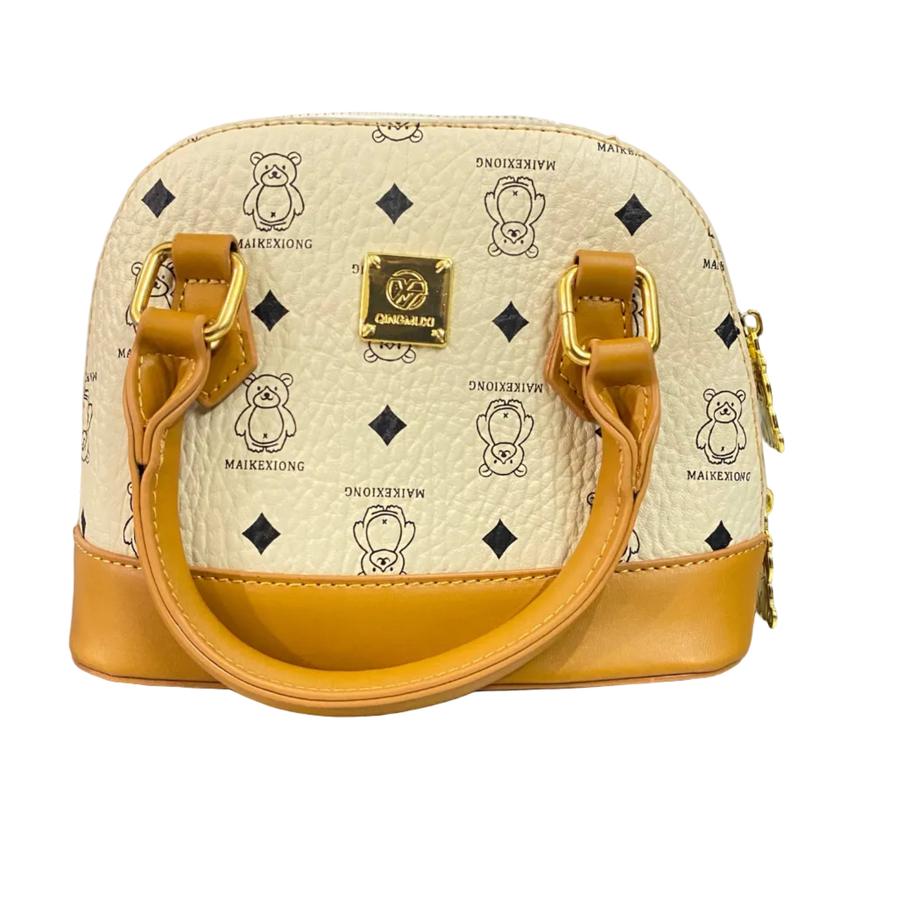 Elegant Cream Teddy Print Tan Handle Handbag