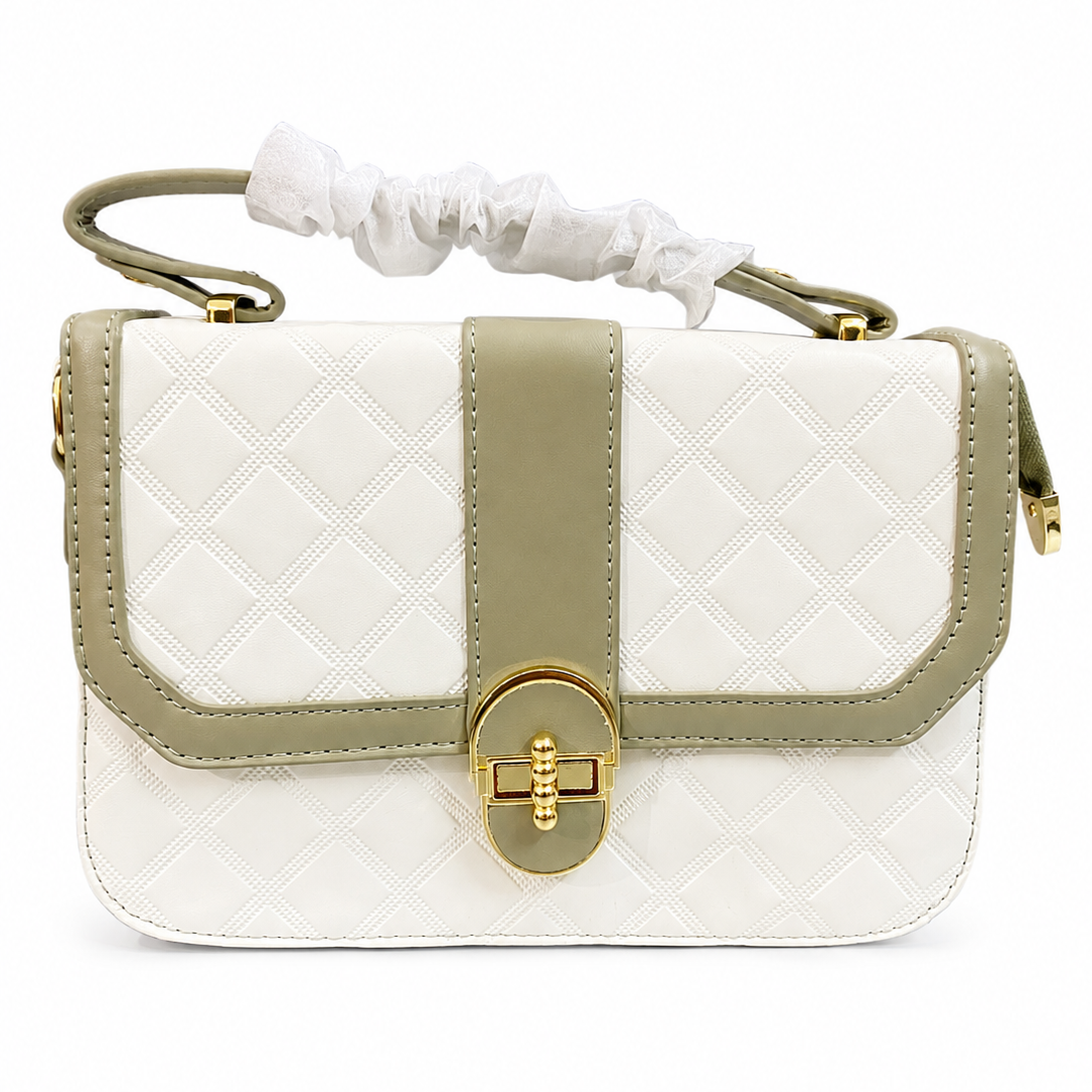 Elegant White Quilted Shoulder Bag  Gold with Clasp