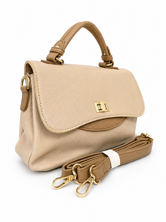 A Elegant Beige Top Handle Satchel Bag with Gold Lock & Detachable Strap