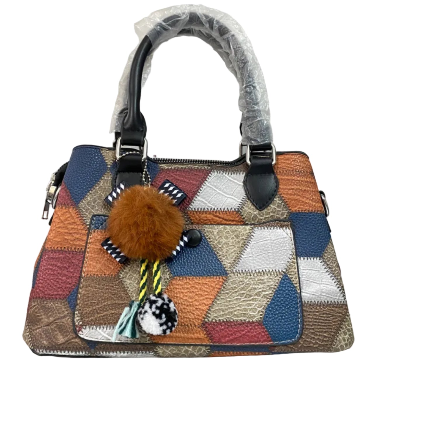 Premium Geometric Patchwork Handbag with Pom Pom Charm – Stylish Women’s Shoulder & Crossbody Bag