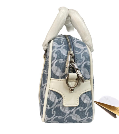 A  Elegant Blue Jacquard Mini Boston Bag with Ivory Leather Trim