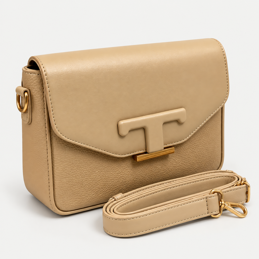 Elegant Beige Crossbody Bag with Gold-Tone Details