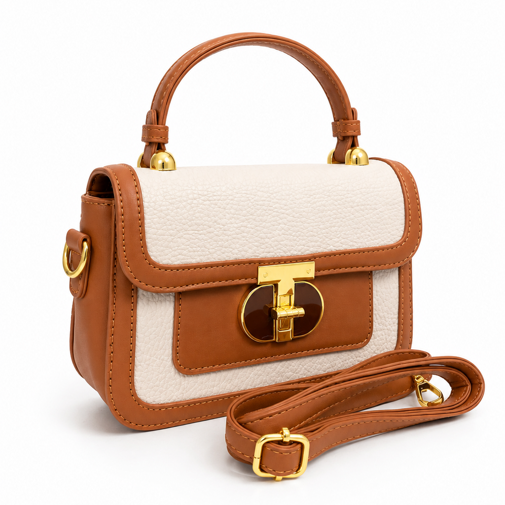 Elegant TanStructured Handbag with Gold Clasp