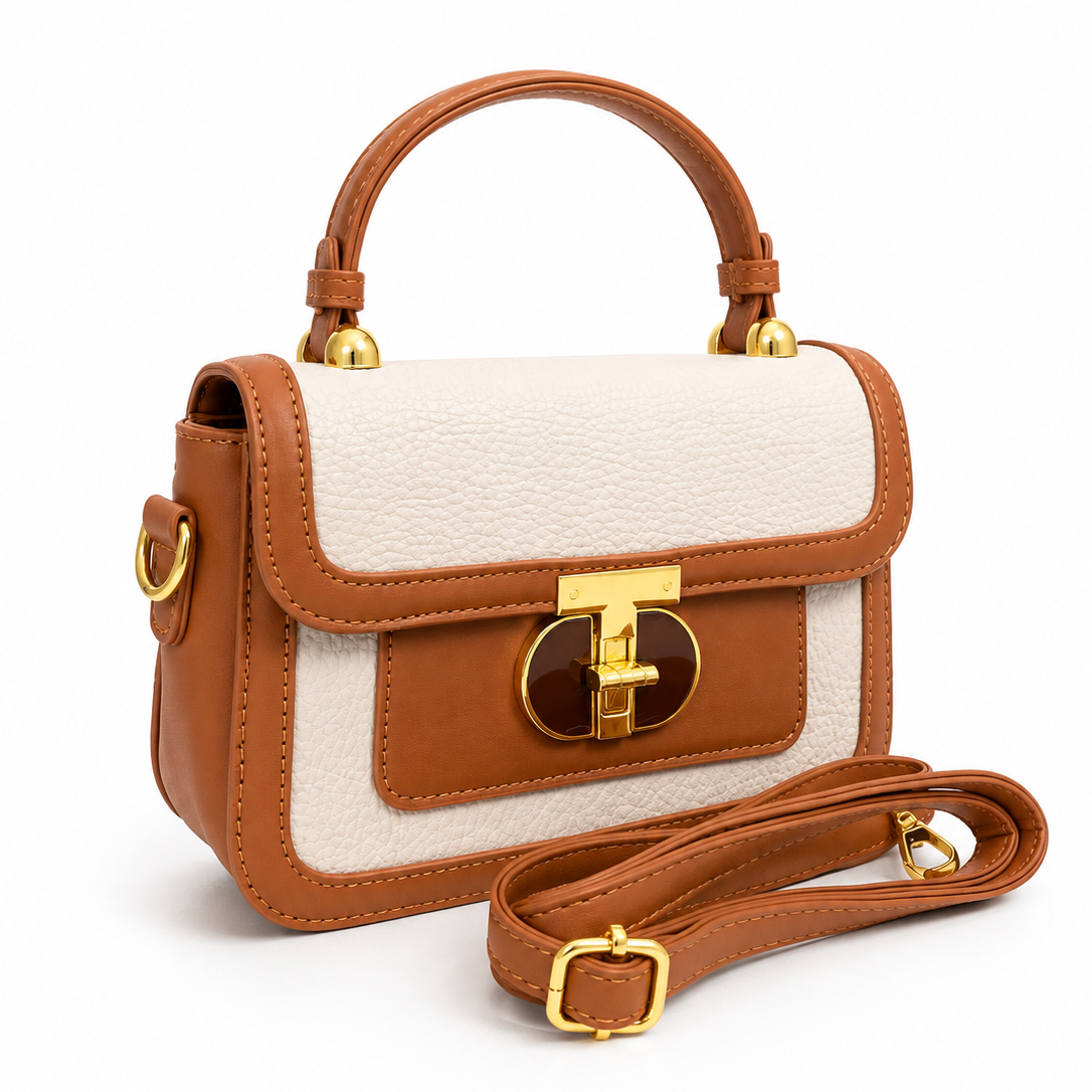 Elegant TanStructured Handbag with Gold Clasp