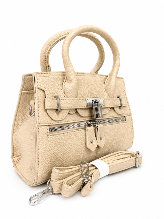 A Elegant Beige Textured Mini Handbag with Detachable Strap