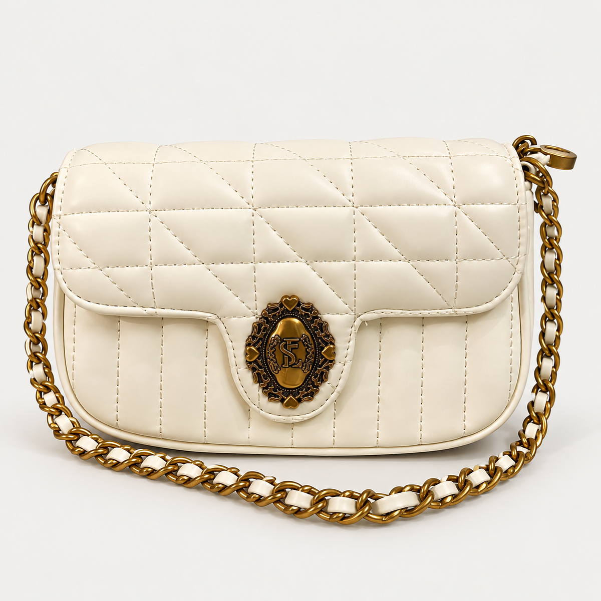 Elegant Ivory Quilted Bag with Gold Hardware