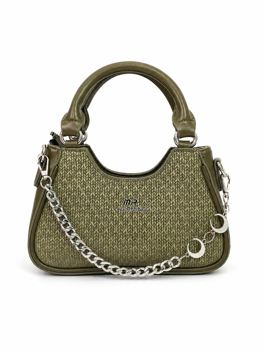 A Elegant Olive Green Textured Mini Handbag with Chain Detail