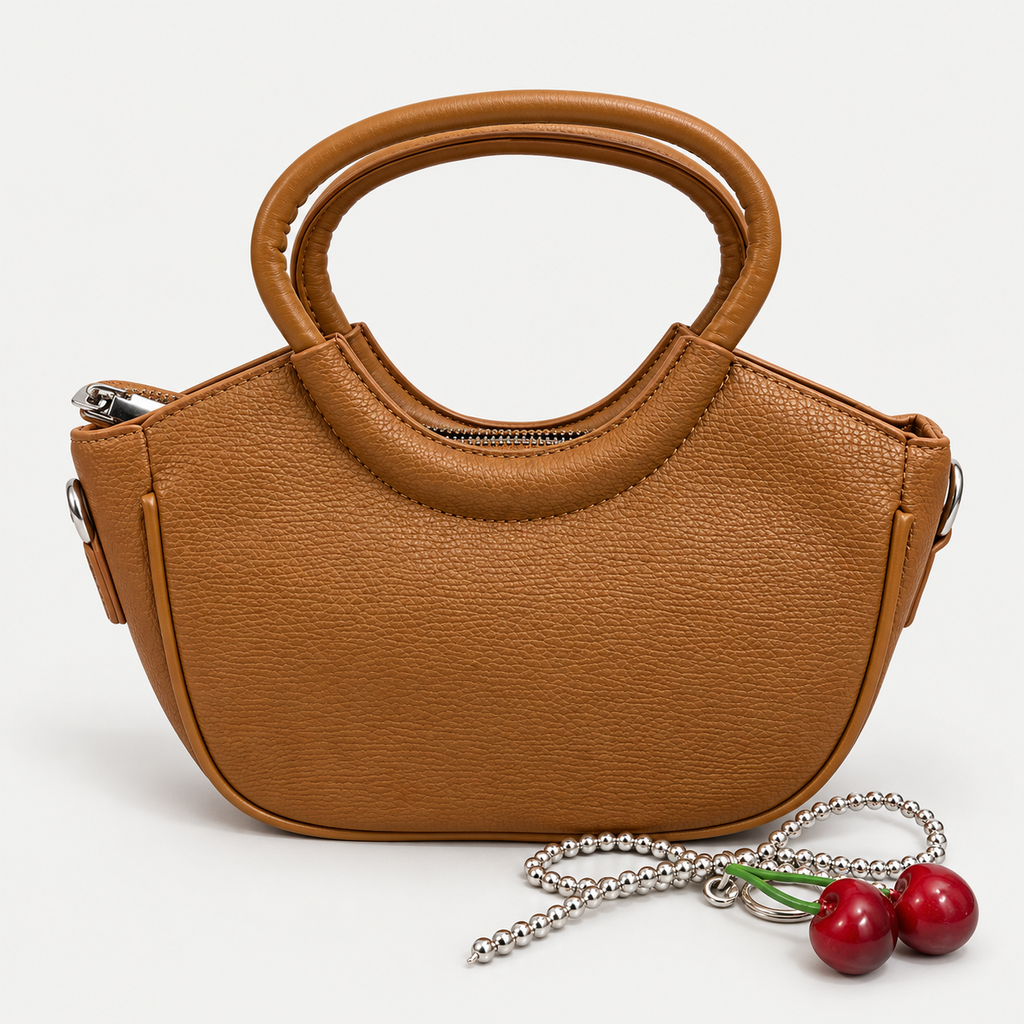Caramel Brown  Leather Handbag with Cherry Charm
