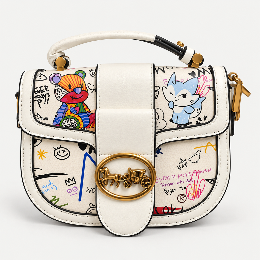 Ivory Graffiti Print Bag  Gold-Tone Hardware
