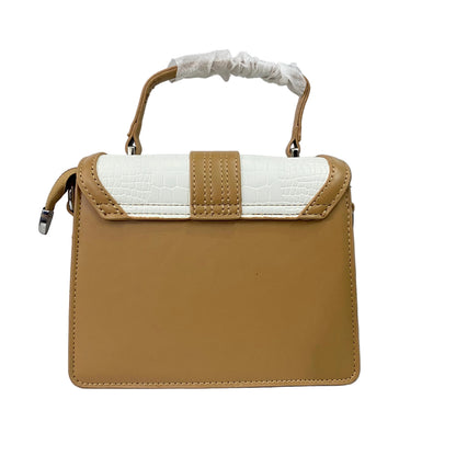 Elegant White Croc-Texture Top Handle Crossbody Bag with Beige Trim & Silver Lock