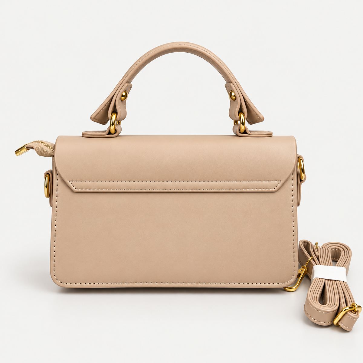 Elegant Beige Structured Handbag with Gold-Tone Hardware