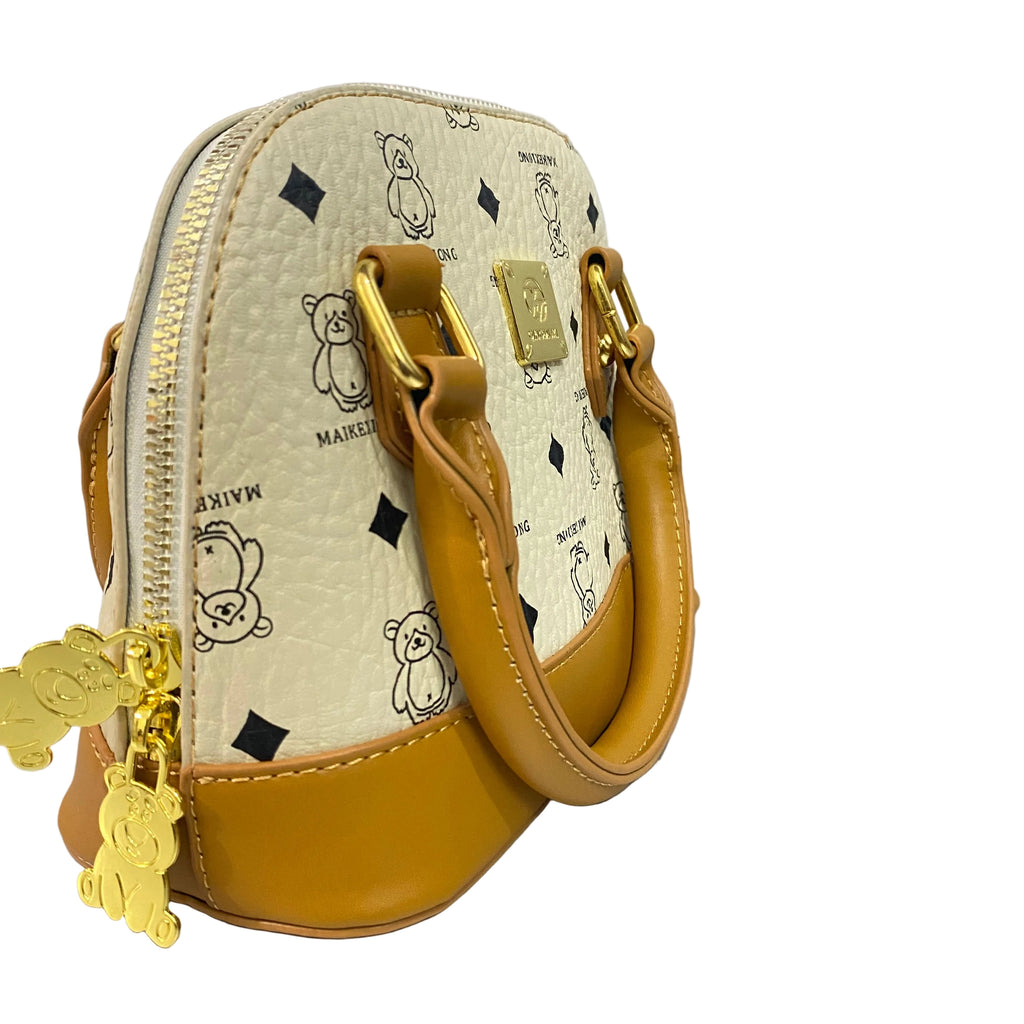 Elegant Cream Teddy Print Tan Handle Handbag