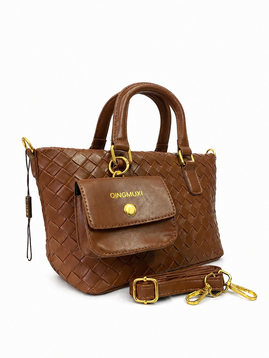 A Premium Woven Leather Tote Bag with Detachable Strap (Brown)