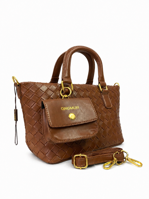 A Premium Woven Leather Tote Bag with Detachable Strap (Brown)