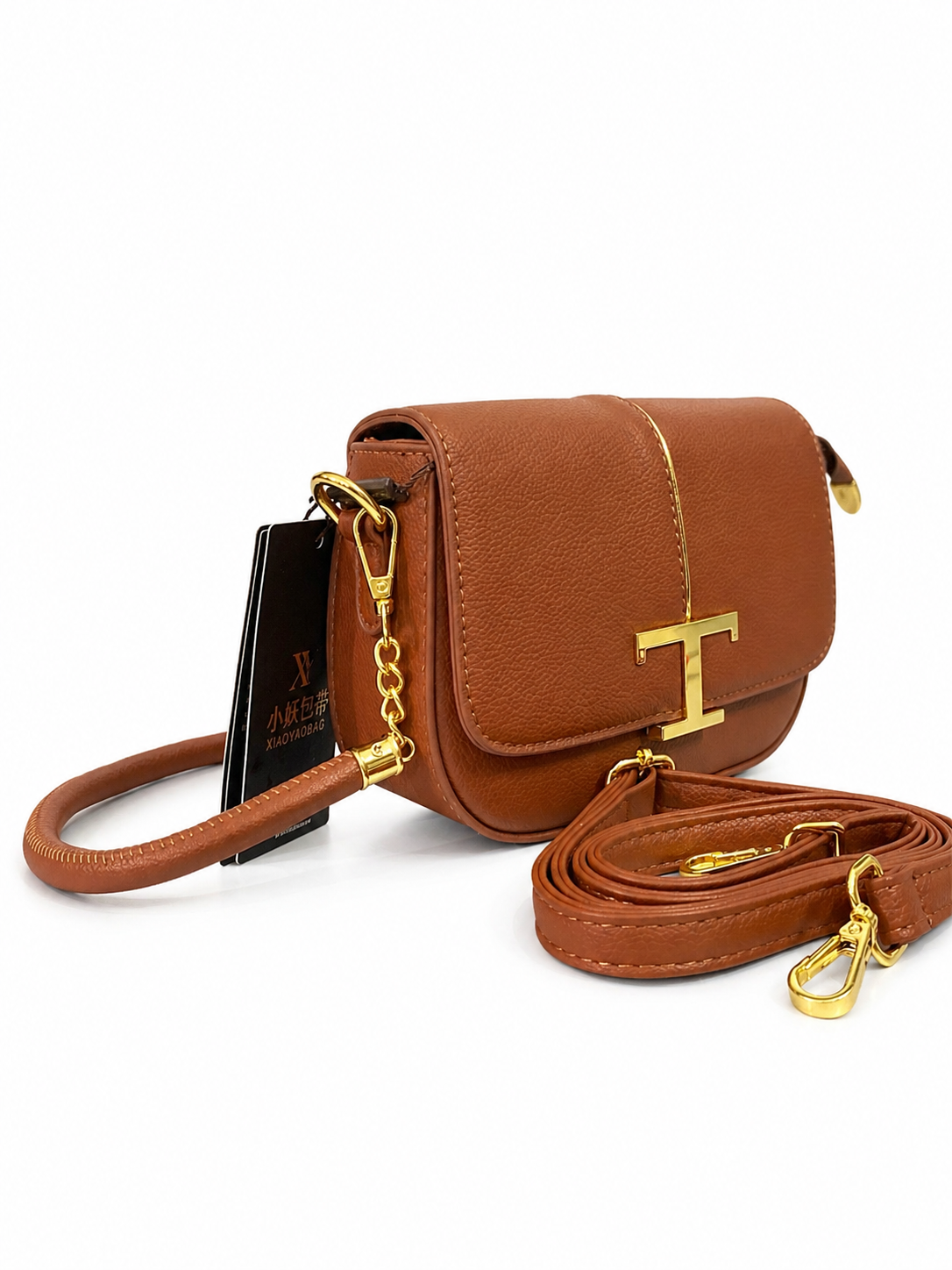 A Mini Saddle Crossbody Bag – Premium Textured Leather with Gold Hardware (Brown)